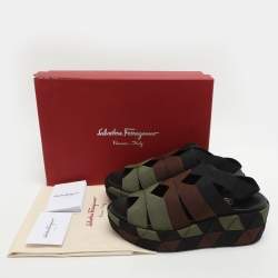 Pre Owned Salvatore Ferragamo Elettra Size 37 Tricolor Canvas Slingback Sandals