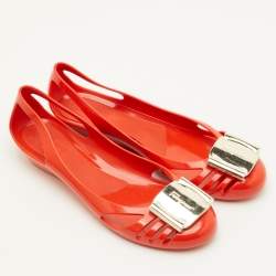 Pre Owned Salvatore Ferragamo Bermuda Size 35.5 Orange Jelly Ballet Flats