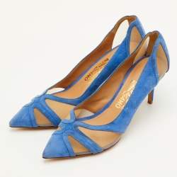 Pre Owned Salvatore Ferragamo Size 39 Blue Mesh and Suede Pointed Toe Pumps