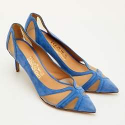 Pre Owned Salvatore Ferragamo Size 39 Blue Mesh and Suede Pointed Toe Pumps