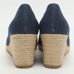 Pre Owned Salvatore Ferragamo Darly Vara Bow Size 40.5 Navy Blue Canvas Wedge Pumps