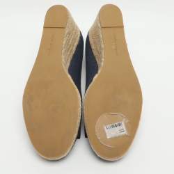 Pre Owned Salvatore Ferragamo Darly Vara Bow Size 40.5 Navy Blue Canvas Wedge Pumps