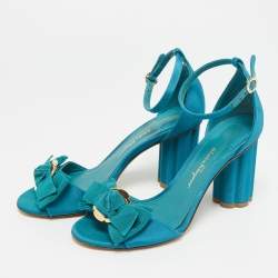 Pre Owned Salvatore Ferragamo Bow Size 37 Blue Canvas Ankle Strap Sandals