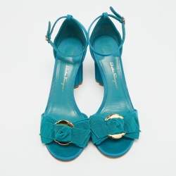 Pre Owned Salvatore Ferragamo Bow Size 37 Blue Canvas Ankle Strap Sandals