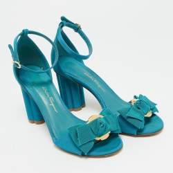 Pre Owned Salvatore Ferragamo Bow Size 37 Blue Canvas Ankle Strap Sandals