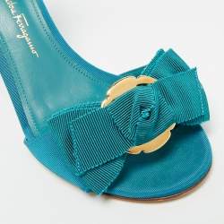 Pre Owned Salvatore Ferragamo Bow Size 37 Blue Canvas Ankle Strap Sandals
