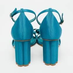 Pre Owned Salvatore Ferragamo Bow Size 37 Blue Canvas Ankle Strap Sandals