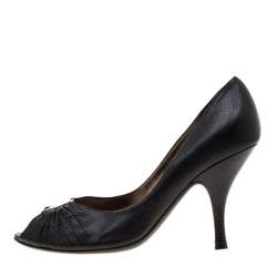 Salvatore Ferragamo Black Lizard Leather Fiberia Peep Toe Pumps Size 38.5