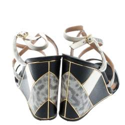 Salvatore Ferragamo Black Lizard Leather Gris Open Toe Cross Strap Wedge Sandals Size 37.5