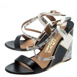 Salvatore Ferragamo Black Lizard Leather Gris Open Toe Cross Strap Wedge Sandals Size 37.5