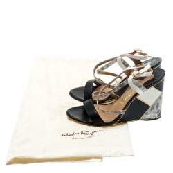 Salvatore Ferragamo Black Lizard Leather Gris Open Toe Cross Strap Wedge Sandals Size 37.5