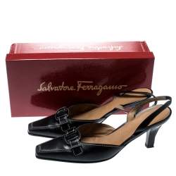 مملوكة مسبقًا صندل سالفاتوري فيراغامو فتحة كعب جلد أسود مقاس 37