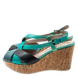 Salvatore Ferragamo Tricolor Lizard Leather Cross Strap Cork Wedge Sandals Size 41 
