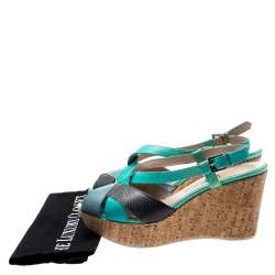 Salvatore Ferragamo Tricolor Lizard Leather Cross Strap Cork Wedge Sandals Size 41 
