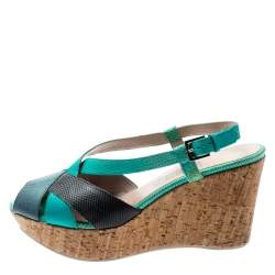 Salvatore Ferragamo Tricolor Lizard Leather Cross Strap Cork Wedge Sandals Size 41 