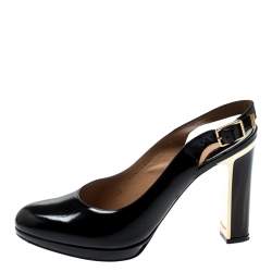 Pre Owned Salvatore Ferragamo Black Leather Slingback Block Heel Sandals Size 37.5