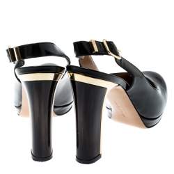 Pre Owned Salvatore Ferragamo Black Leather Slingback Block Heel Sandals Size 37.5