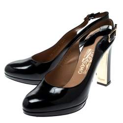 Pre Owned Salvatore Ferragamo Black Leather Slingback Block Heel Sandals Size 37.5