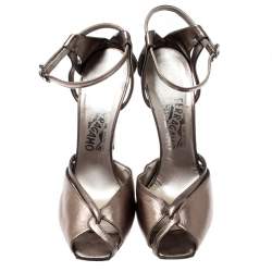 Salvatore Ferragamo Metallic Bronze Leather Ankle Strap Sandals Size 37.5