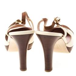 Salvatore Ferragamo White Leather And Brown Canvas Slingback Platform Sandals Size 39.5