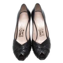 Pre Owned Salvatore Ferragamo Black Pleated Leather Peep Toe Pumps Size 37