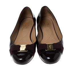 Pre Owned Salvatore Ferragamo Burgundy Patent Leather Vara Bow Ballet Flats Size 38