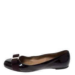 Pre Owned Salvatore Ferragamo Burgundy Patent Leather Vara Bow Ballet Flats Size 38