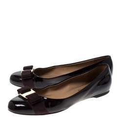 Pre Owned Salvatore Ferragamo Burgundy Patent Leather Vara Bow Ballet Flats Size 38