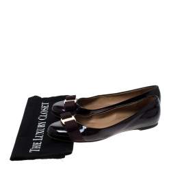 Pre Owned Salvatore Ferragamo Burgundy Patent Leather Vara Bow Ballet Flats Size 38