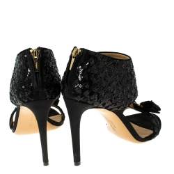 مملوكة مسبقًا Salvatore Ferragamo Black Sequins and Satin Vara Bow Ankle Strap Sandals Size 38.5