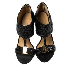 مملوكة مسبقًا Salvatore Ferragamo Black Sequins and Satin Vara Bow Ankle Strap Sandals Size 38.5