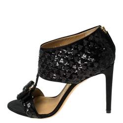 مملوكة مسبقًا Salvatore Ferragamo Black Sequins and Satin Vara Bow Ankle Strap Sandals Size 38.5