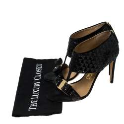 مملوكة مسبقًا Salvatore Ferragamo Black Sequins and Satin Vara Bow Ankle Strap Sandals Size 38.5