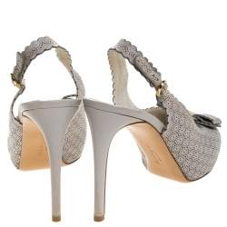 Pre Owned Salvatore Ferragamo Grey Laser Cut Scalloped Trim Leather Peep Toe Slingback Sandals Size 39