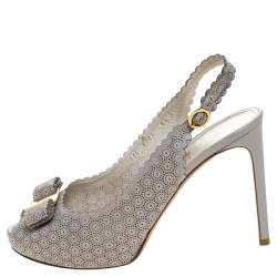 Pre Owned Salvatore Ferragamo Grey Laser Cut Scalloped Trim Leather Peep Toe Slingback Sandals Size 39