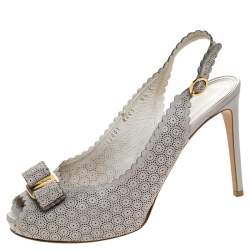 Pre Owned Salvatore Ferragamo Grey Laser Cut Scalloped Trim Leather Peep Toe Slingback Sandals Size 39