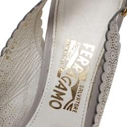 Pre Owned Salvatore Ferragamo Grey Laser Cut Scalloped Trim Leather Peep Toe Slingback Sandals Size 39