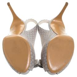 Pre Owned Salvatore Ferragamo Grey Laser Cut Scalloped Trim Leather Peep Toe Slingback Sandals Size 39