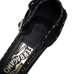 Salvatore Ferragamo Black Laser Cut Scalloped Trim Suede Vara Bow Open Toe Sandals Size 38