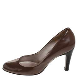 Salvatore Ferragamo Brown Patent Leather Wooden Heel Pumps Size 38.5