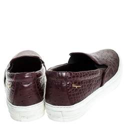 Pre Owned Salvatore Ferragamo Burgundy Croc And Ostrich Embossed Leather Pacau Slip On Sneakers Size 38.5