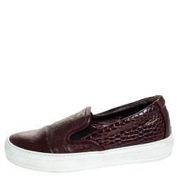 Pre Owned Salvatore Ferragamo Burgundy Croc And Ostrich Embossed Leather Pacau Slip On Sneakers Size 38.5