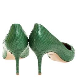 Pre Owned حذاء كعب عالي سالفاتوري فيراغامو سوسي جلد ثعبان أخضر مقدمة مدببة مقاس 40.5