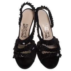 Salvatore Ferragamo Black Satin and Sequins Lucente Sandals Size 38.5