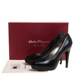 Pre Owned Salvatore Ferragamo Black Leather Fiordaliso Peep Toe Platform Pumps Size 38.5