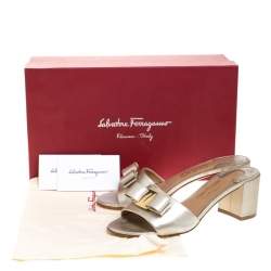 Pre Owned Salvatore Ferragamo Gold Metallic Textured Leather Vara Bow Block Heel Sandals Size 36