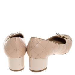 Pre Owned Salvatore Ferragamo Beige My Quilted Leather Bow Block Heel Pumps Size 40.5