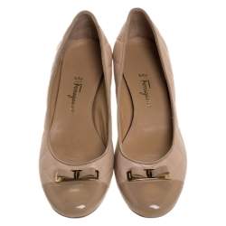 Pre Owned Salvatore Ferragamo Beige My Quilted Leather Bow Block Heel Pumps Size 40.5