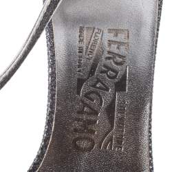 Salvatore Ferragamo Grey/Silver Glitter Lizard Buckle Detail Open Toe Sandals Size 39
