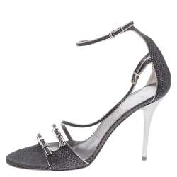Salvatore Ferragamo Grey/Silver Glitter Lizard Buckle Detail Open Toe Sandals Size 39